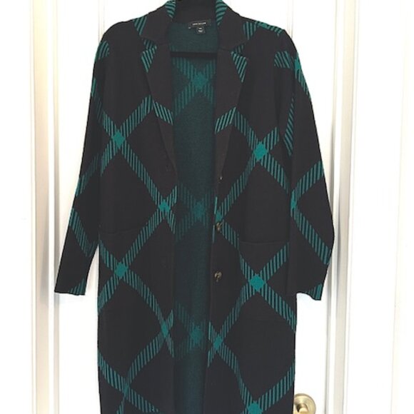 Ann Taylor Long Cardigan Sweater Coat – Black & Teal Plaid - Size XXS - Picture 1 of 5